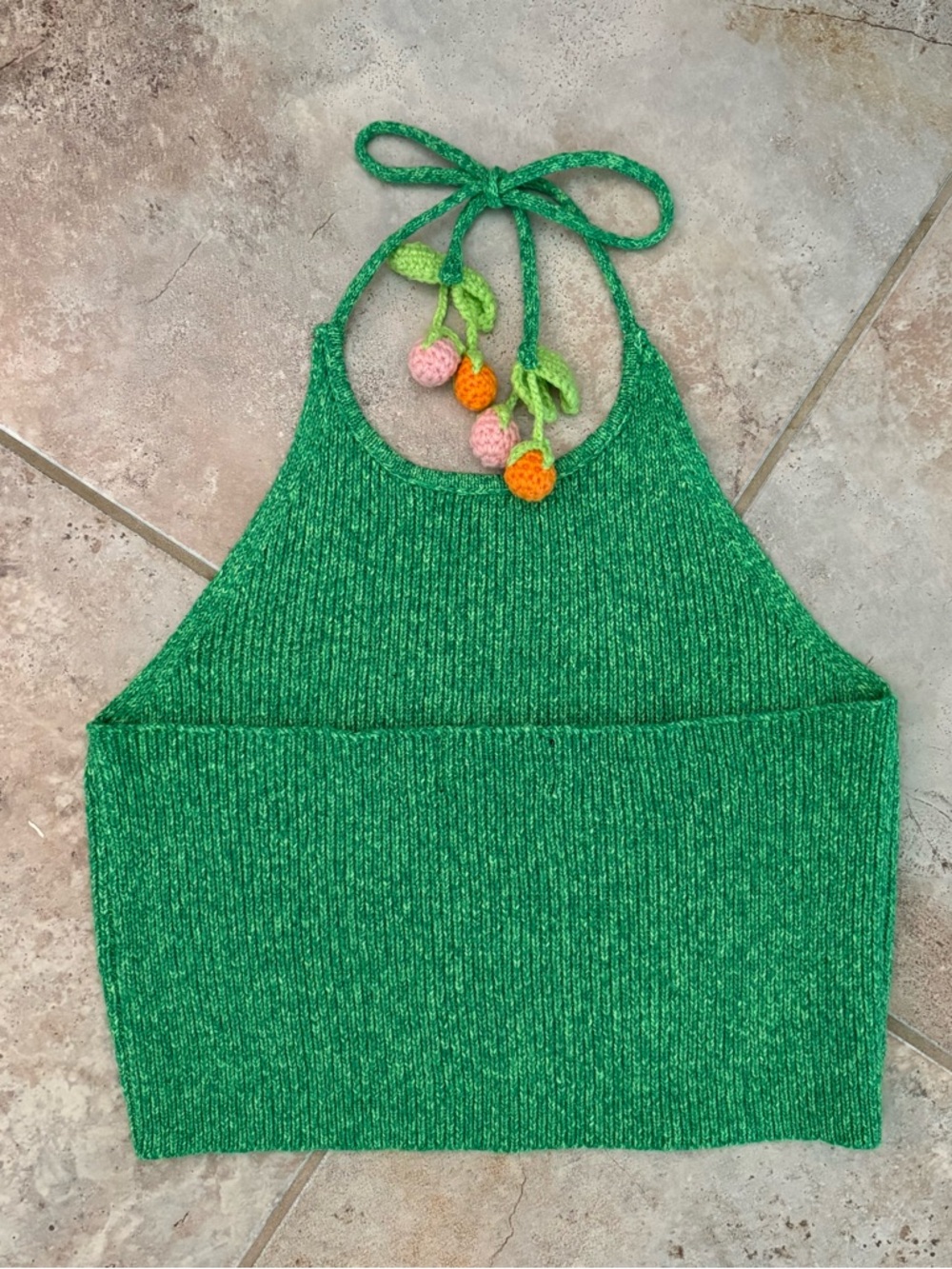 Crochet Fruit Green Halter Top Women’s Large 3D Cottagecore Boho Festival Summer - Picture 2 of 9